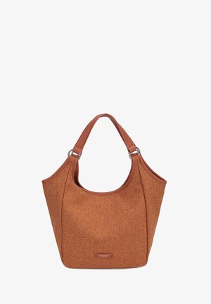 Brown textured fabric tote bag with wide handles and small metal rings attaching the straps to the bag body.