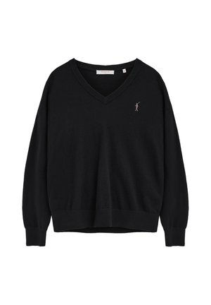 Schwarzer gestrickter V-Ausschnitt Pullover mit langen Ärmeln und kleinem besticktem Polo-Spieler-Logo auf der Brust.