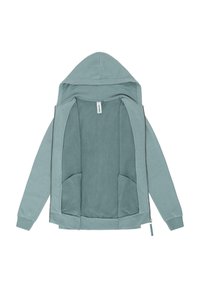Giacca con cappuccio zip-up in un azzurro chiaro, con un morbido interno in micropile, due tasche frontali e polsini a costine. Texture esterna liscia.