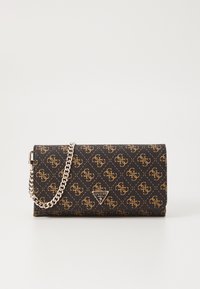 Black synthetic leather wallet with a gold monogram pattern, rectangular shape, and a silver chain strap. Features a triangular logo accent.
