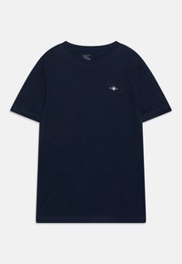 T-shirt di cotone blu navy con maniche corte, scollo rotondo e piccolo logo ricamato sul petto. Tessuto morbido, vestibilità regolare.