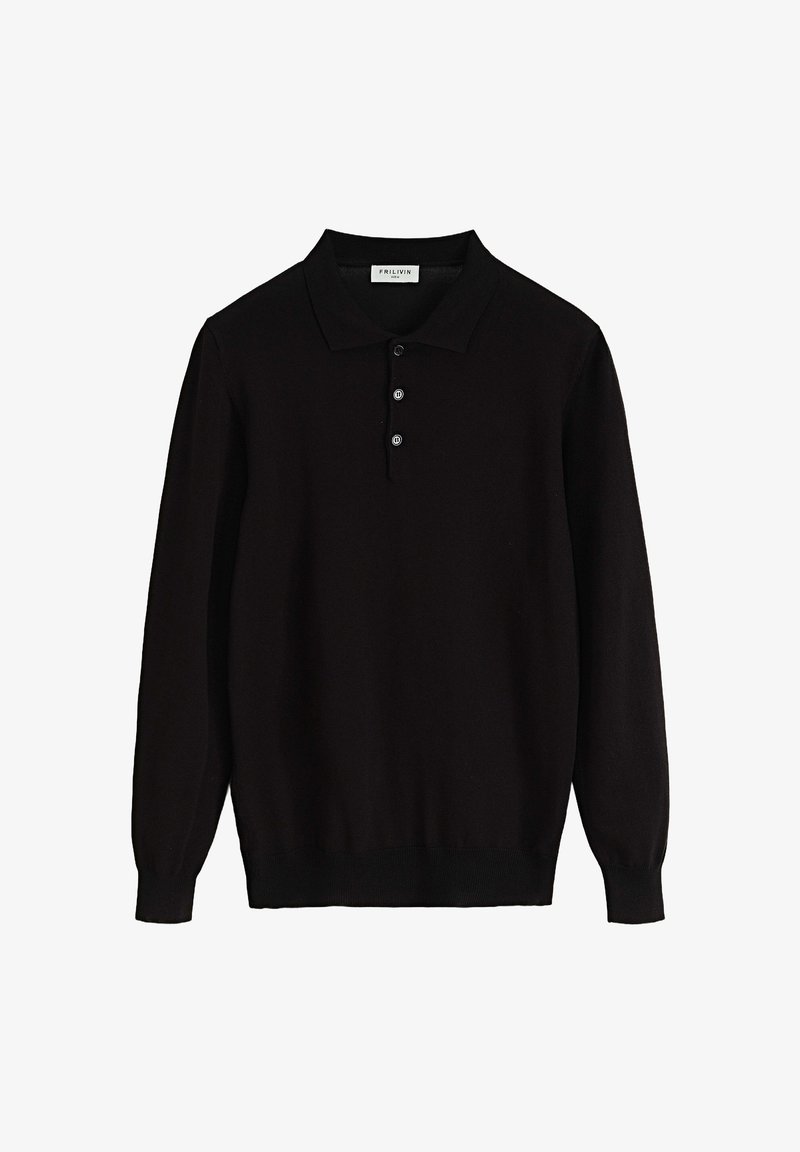Polo noir à manches longues en tissu tricot doux. Doté d'un col standard, d'une patte de boutonnage à trois boutons et de poignets ajustés.