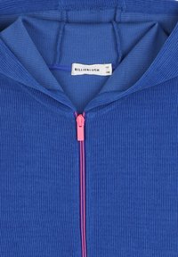 Blue ribbed zip-up hoodie featuring a pink zipper, with a lined hood and label indicating size and brand.