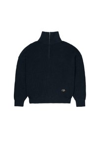 Dark navy ribbed knit sweater with high collar and short zipper, featuring a small embroidered emblem near the hem on the front right side.