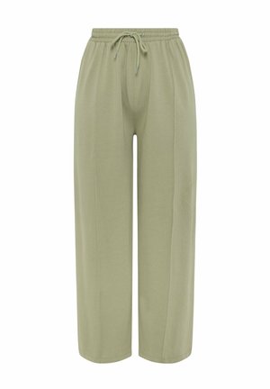 Losse, licht olijfgroene broek met een elastische tailleband en trekkoordsluiting, voorzien van een rechte pijp.