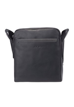 Sac à bandoulière rectangulaire en cuir noir avec une fine poche avant et une sangle en tissu réglable.