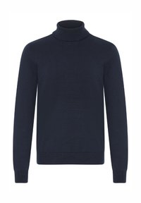 Tmavomodrý rolákový sveter vyrobený z mäkkého materiálu, s dlhými rukávmi a priliehavým strihom bez vzorov alebo ďalších ozdôb.