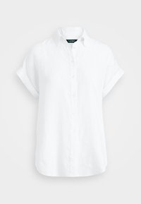 White linen button-up shirt with a collar, short rolled sleeves, and a relaxed fit. Smooth texture, front buttons, and no patterns.