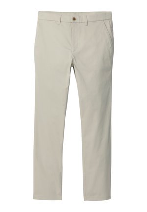 Beige gerade geschnittene Hose mit Gürtelschlaufen, vorderem Knopf, Reißverschluss und Seitentaschen, auf weißem Hintergrund dargestellt.