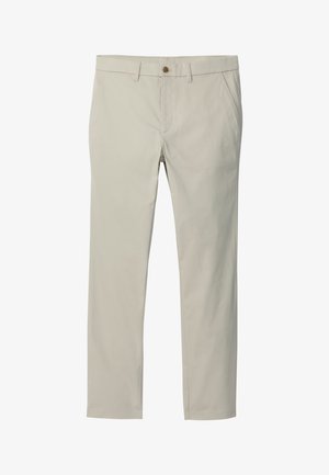 Beige gerade geschnittene Hose mit Gürtelschlaufen, vorderem Knopf, Reißverschluss und Seitentaschen, auf weißem Hintergrund dargestellt.