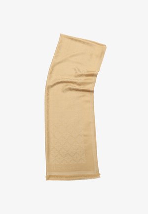 Sciarpa beige realizzata in morbido tessuto, con un delicato motivo floreale e bordi frangiati. "NEW YORK" è impresso vicino alla base.