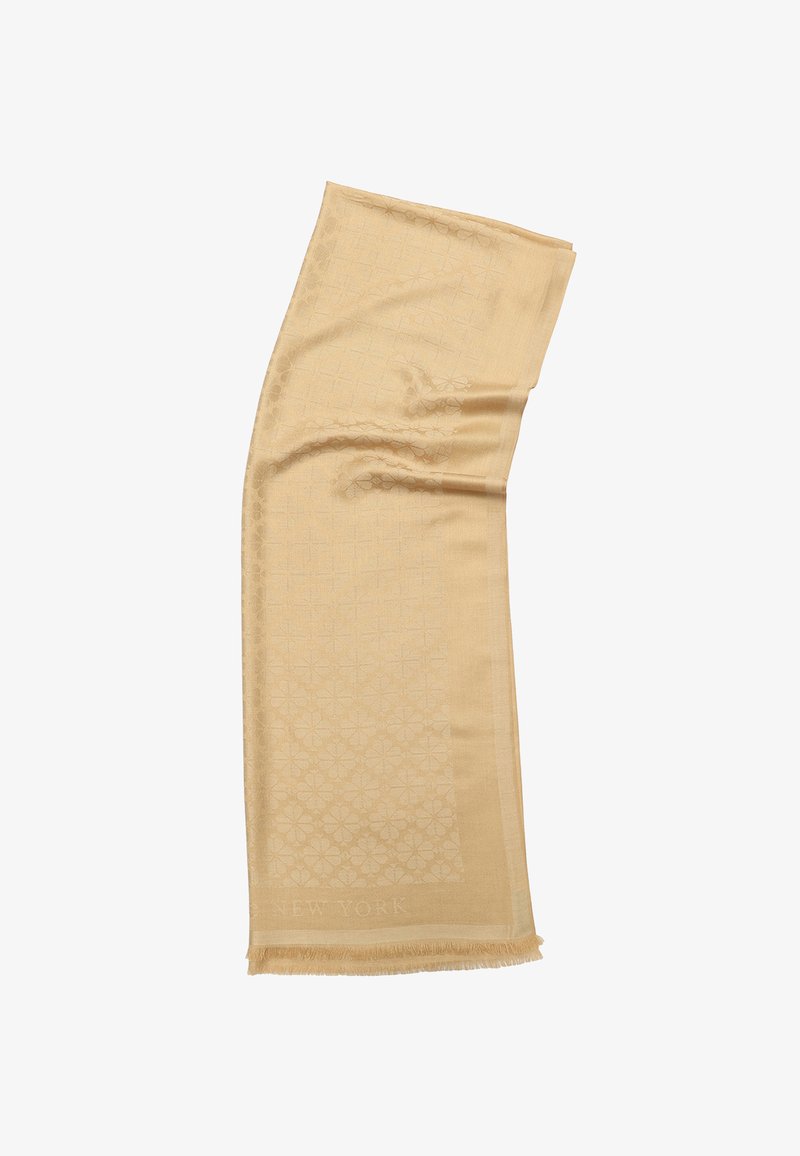 Beige scarf made of soft fabric, featuring a subtle floral pattern and fringed edges. “NEW YORK” is embossed near the base.