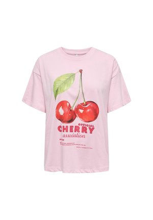 T-shirt en coton rose avec une coupe décontractée, présentant un graphique de cerise et le texte "Association Officielle des Cerises" en rouge vif. Manches courtes.