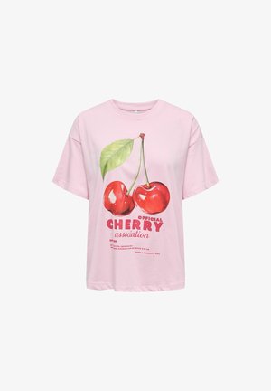 Pink cotton T-shirt with a relaxed fit, featuring a cherry graphic and text "Official Cherry Association" in bold red. Short sleeves.