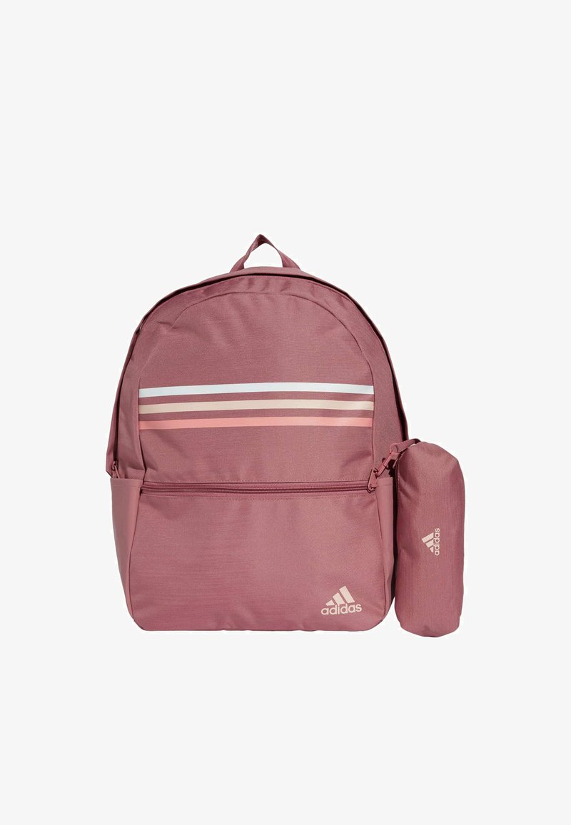 Pink fabric backpack with three horizontal stripes in light pink, brown, and white. Features a front zip pocket and a side pocket.