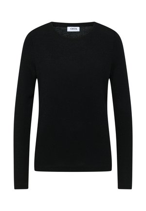 Suéter negro de manga larga hecho de material suave, con un cuello redondo y una superficie lisa y texturizada con un sutil brillo. Etiqueta de la marca visible.