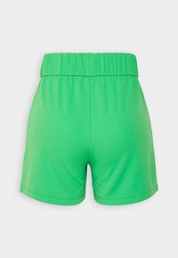 Zelené kraťasy s elastickým pasem, vyrobené z hladkého, lehkého materiálu. Mají jednoduchý design a jednobarevné provedení.
