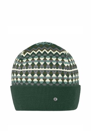 Gestrickte grüne Mütze mit geometrischen Mustern in Weiß, Grau und Blau, mit einem umgeschlagenen gerippten Bündchen und einem kleinen runden Metalllogo vorne.
