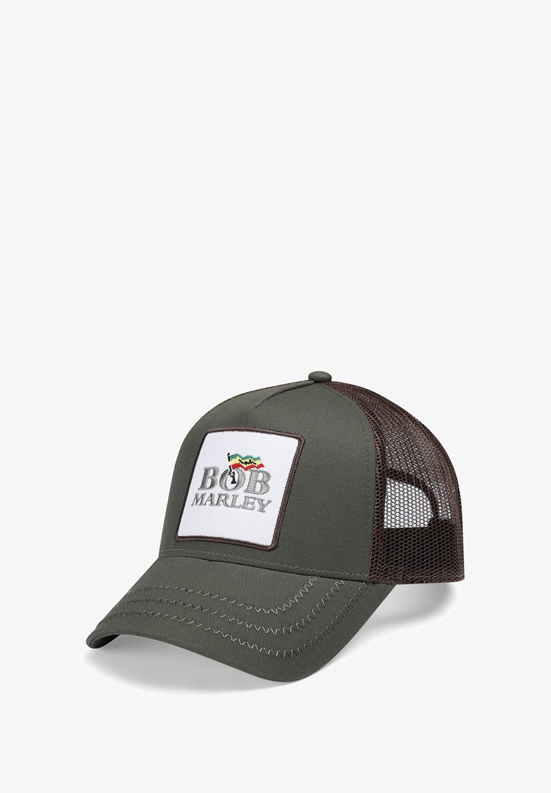 Green cap with a logo patch featuring "BOB MARLEY," embroidered in white. Mesh paneling on the back and contrasting brown stitching.