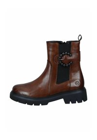 Bottines en cuir marron avec panneau latéral élastique, semelle en caoutchouc noire, accent de perles circulaires et languette à l'arrière. Talon plat, bout arrondi.