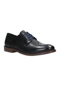 Scarpe derby in pelle nera con lacci blu, dettagli brogue e una finitura liscia. Presentano un tacco impilato marrone e un accento blu sulla suola.