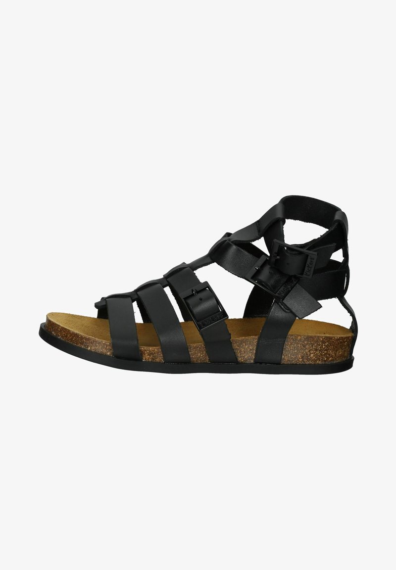 Schwarze Sandale mit mehreren Riemen und Schnallen. Korkfußbett und strukturiertes Gummisohle. Offenes Design für Atmungsaktivität und Komfort.