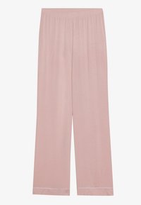 Ljust rosa vida byxor gjorda av mjukt tyg, med elastisk midja och en diskret vit kant i nederkant.