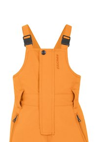 Oranje sneeuwoverall met verstelbare banden, voorflap, ritssluitingen en gestikte details, gemaakt van een duurzaam, weerbestendig materiaal.