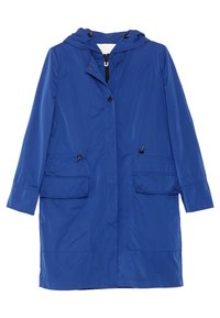 Blå vattentät parka med huva, utrustad med dragkedja och tryckknappar, två framfickor och justerbara snoddar vid midjan.