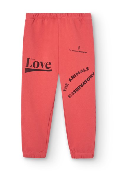 Korallefarbene Jogginghosen mit elastischem Bund; mit schwarzem Text "Always Love" und "THE ANIMALS OBSERVATORY" in verschiedenen Schriftgrößen.