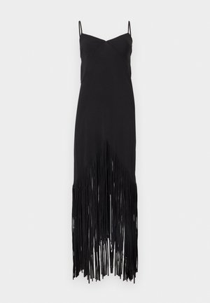 Black sleeveless dress with thin straps and a high-low hem featuring long, flowing fringe detailing.