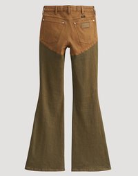 Pantalon évasé bicolore avec partie supérieure marron et partie inférieure vert olive, avec poches arrière et passants de ceinture.