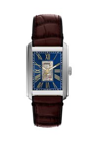 Montre rectangulaire argentée avec cadran bleu, chiffres romains dorés, engrenages internes visibles et bracelet en cuir marron foncé.