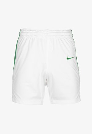 Białe krótkie spodenki sportowe z zielonymi bocznymi paskami i zielonym logo Nike swoosh na prawej nodze.
