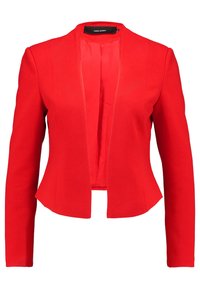 Rode blazer met een getailleerd ontwerp, lange mouwen, open voorkant en een gladde textuur. De stof heeft een subtiele glans en een gestructureerde silhoeet.