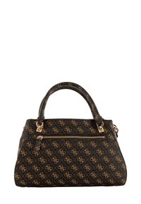 Borsa nera con un motivo a logo dorato, tessuto testurizzato, manici superiori e una tasca frontale con zip decorata con accenti di hardware dorato.