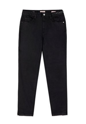 Czarne jeansy o dopasowanym kroju, z przodu zapinane na guziki, z pętlami na pasek, pięcioma kieszeniami i małym metalowym łańcuszkiem jako dodatkiem na talii.