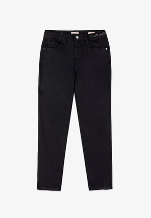 Zwarte slim-fit jeans met voorsluiting met knopen, riemlussen, vijf zakken en een klein metalen kettingaccessoire aan de tailleband.