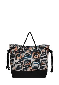 Borsa tote con un motivo astratto in beige, blu e nero, caratterizzata da un fondo testurizzato nero e due manici in corda nera intrecciata.