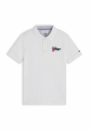 White short-sleeve polo shirt with three buttons, Tommy Hilfiger logo, and a small red sailboat graphic on the left chest.