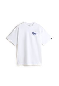 White cotton t-shirt featuring a blue embroidered logo on the left chest. Classic crew neck, short sleeves, and a relaxed fit.
