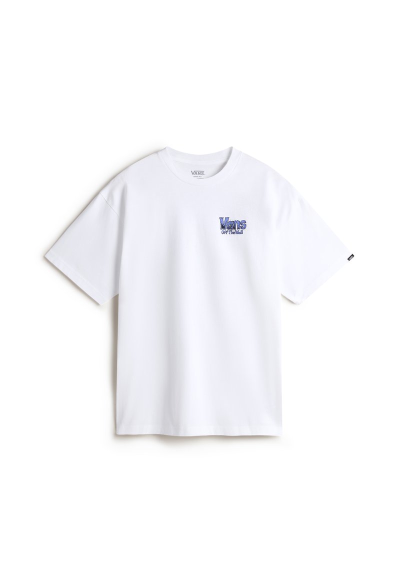 White cotton t-shirt featuring a blue embroidered logo on the left chest. Classic crew neck, short sleeves, and a relaxed fit.