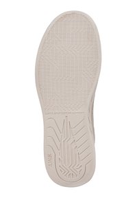 Light beige shoe sole with textured grooves and patterns, featuring embossed brand logo and model details. Smooth rubber material.