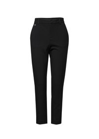 Pantalons noirs ajustés en tissu lisse, coupe slim, devant plat et passants de ceinture. Présente un petit logo sur la ceinture.