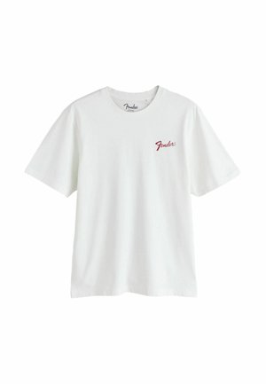Valge lühikeste varrukatega puuvillane T-särk, millel on vasakul rinnal punane "Fender" logo ja ümara kaelusega.