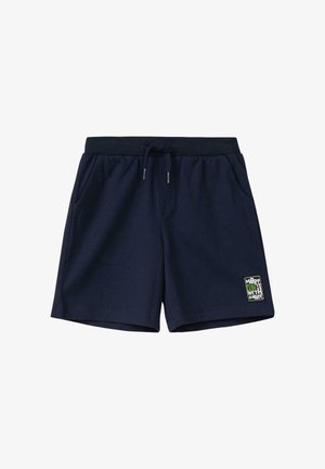 Navy blue cotton shorts with elastic waistband, drawstring, side pockets, and patch reading "More Fun with S. Oliver" on left leg.