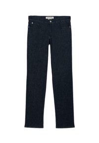 Jeans de mezclilla azul oscuro con corte ajustado, diseño clásico de cinco bolsillos, remaches de metal, cinturilla lisa y cierre de botón en la parte delantera.