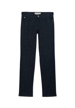 Jeans in denim blu scuro con vestibilità slim, design classico a cinque tasche, rivetti metallici, vita semplice e chiusura con bottone nella parte anteriore.