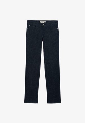 Jeans in denim blu scuro con vestibilità slim, design classico a cinque tasche, rivetti metallici, vita semplice e chiusura con bottone nella parte anteriore.