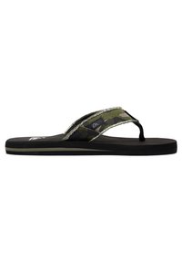 Sort flip-flop med en camouflage-stofrem og lys grå kant. Har en tekstureret fodseng og et lille logo på sålen.